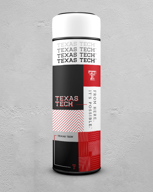 A thermos featuring a grid layout and using the            Texas Tech marks and decorative elments to create            a dynamic design.