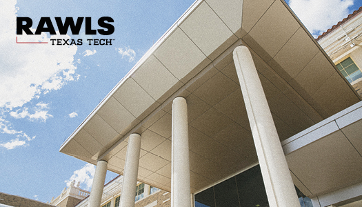 This example of a school business card back features an abstract photo of the Rawls building           with elements from the Rawls casual signature on the upper right corner of the card.