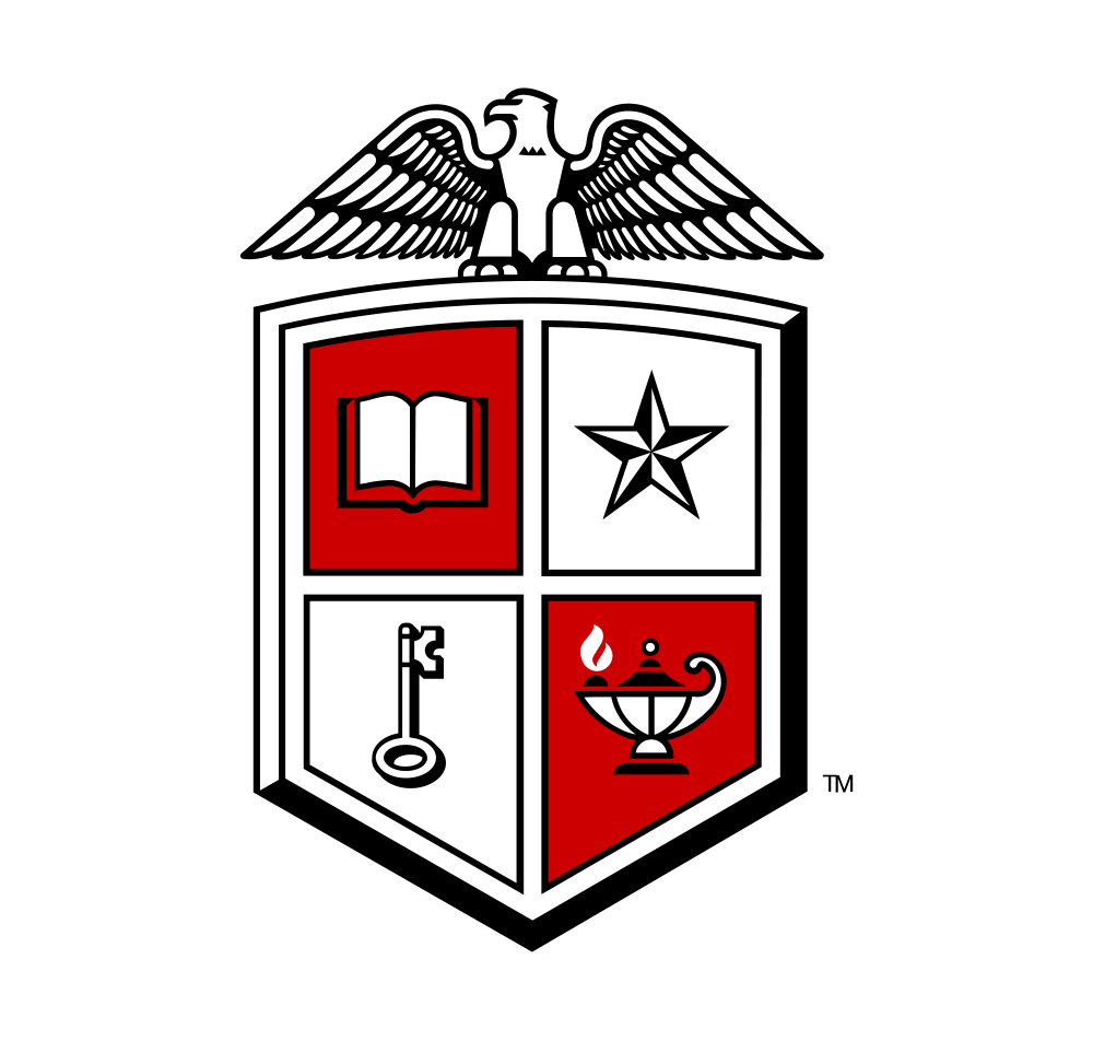 Texas Tech coat of arms. The coat of arms has a shield shape with an eagle nested above        it with open wings. The shield is divided into four sections featuring the following        icons: a book, a star, a key, and a lamp.