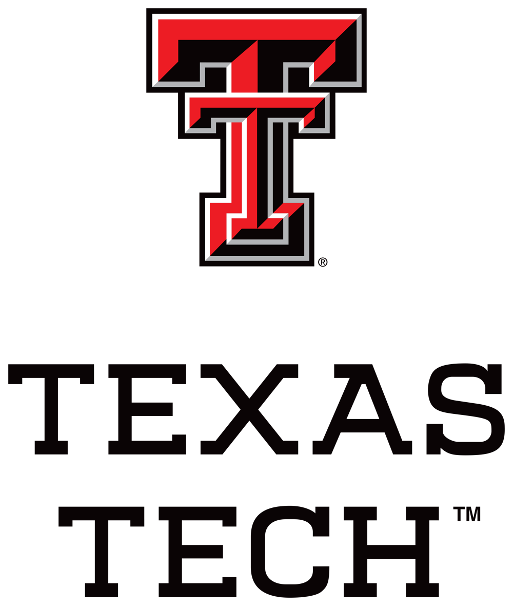 Double T stacked above text. It reads Texas Tech across two lines                           and it is typeset in a custom slab serif.