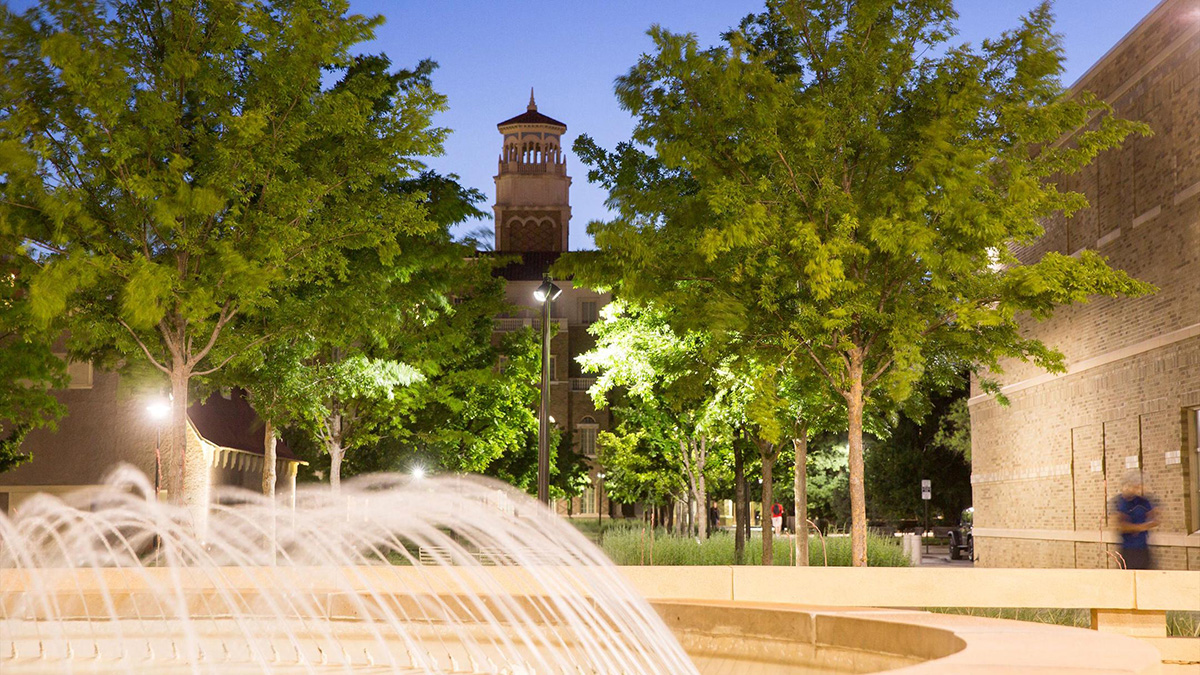 Campus courtyard at night.