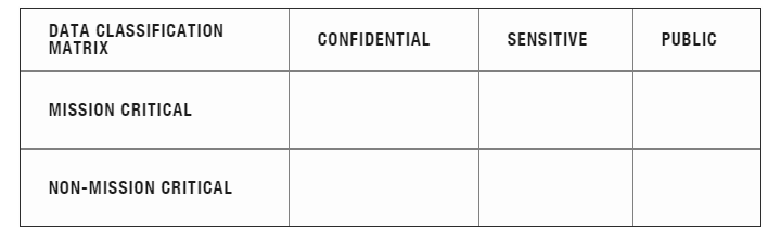 table with 4 columns titled: Data Classification Matrix, Confidential, Sensitive, Public. And Three rows titled: data classification matrix, mission critical, non-mission critical