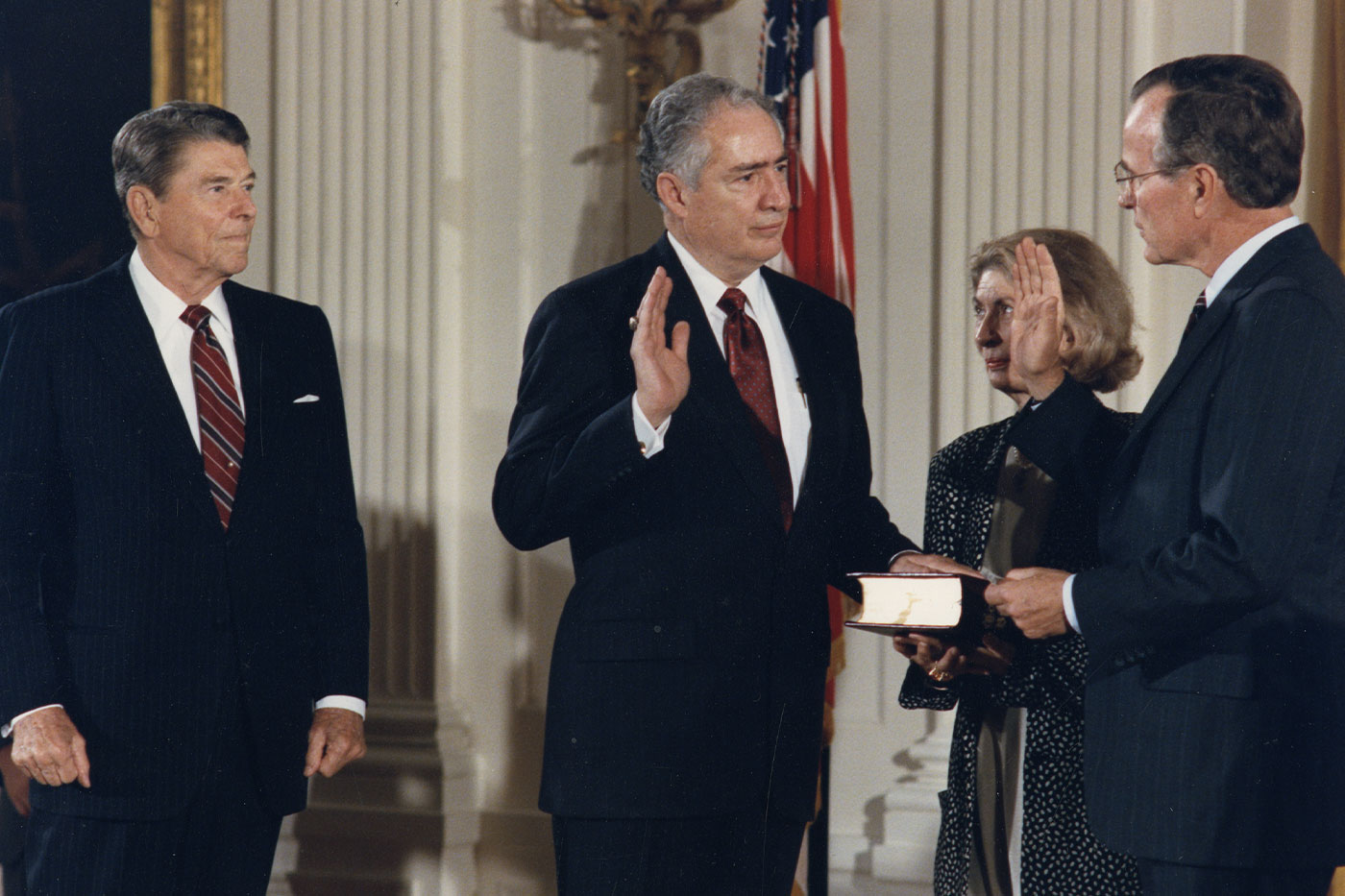 Accompanied by then-U.S. President Ronald Reagan, Lauro is sworn in as Secretary of Education. 