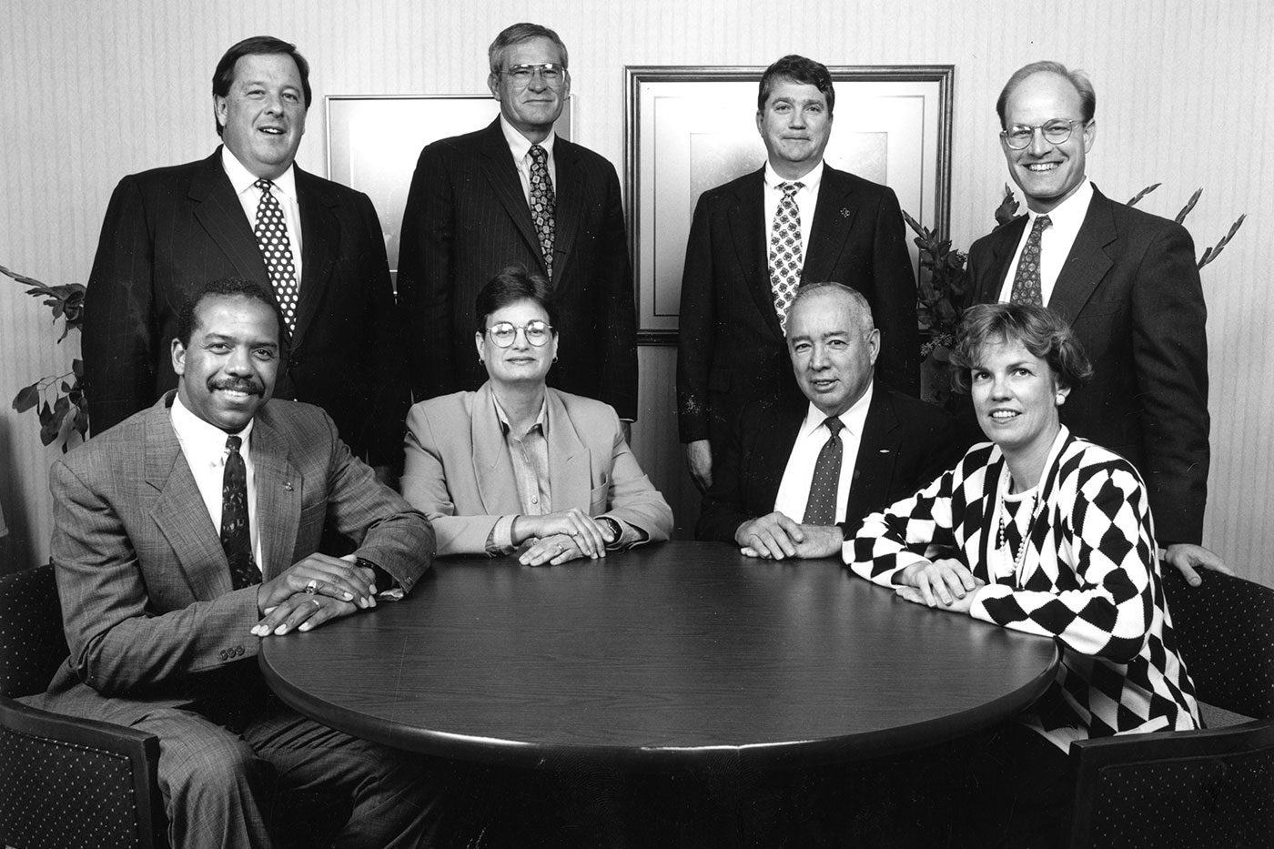 The Board of Regents for Texas Tech University, taken between 1993 and 1995. Notable in this photograph are Dr. Bernard A. Harris Jr., seated left; Edward E. Whitacre Jr., standing, second from left; and Dick, seated second from right. 