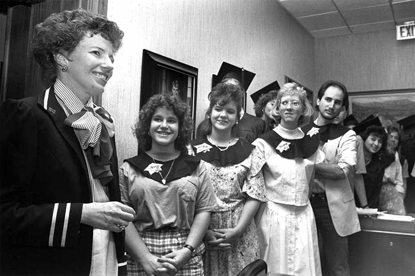 Interim President Haley was serenaded by new members of Mortar Board. Image courtesy of the Southwest Collection/Special Collections Library.