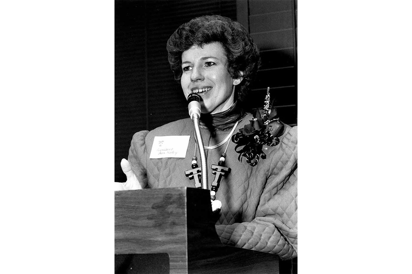 Haley speaks at a podium in the spring of 1989. Image courtesy of the Southwest Collection/Special Collections Library.