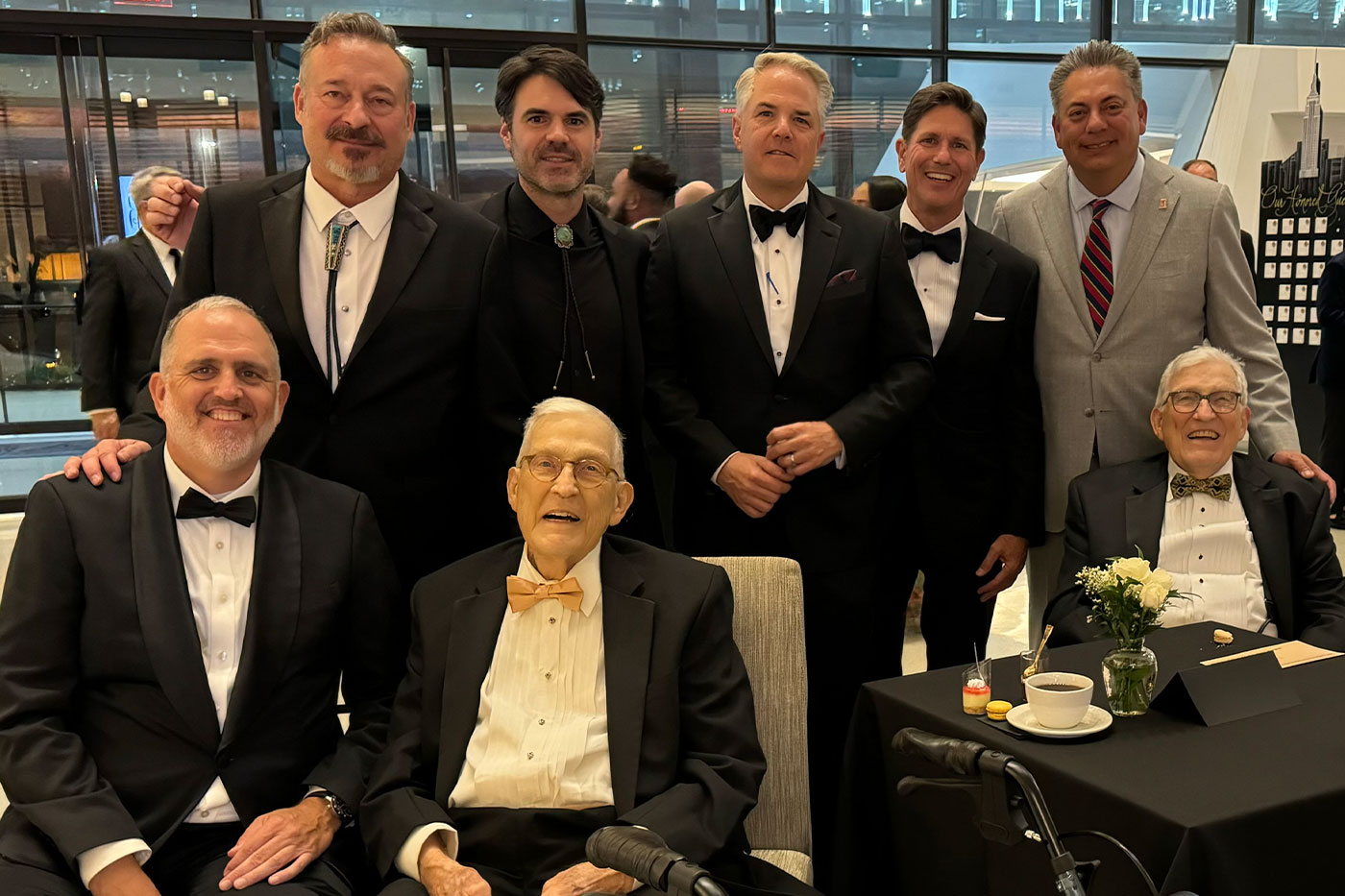 Alumni and donors with Jim and John White at the Beaux Arts Ball. From left to right, Dan Hart, David Pierce, John White, Sean O’Brien, Chris Huckabee, David Hart, Frank Marquez and Jim White.